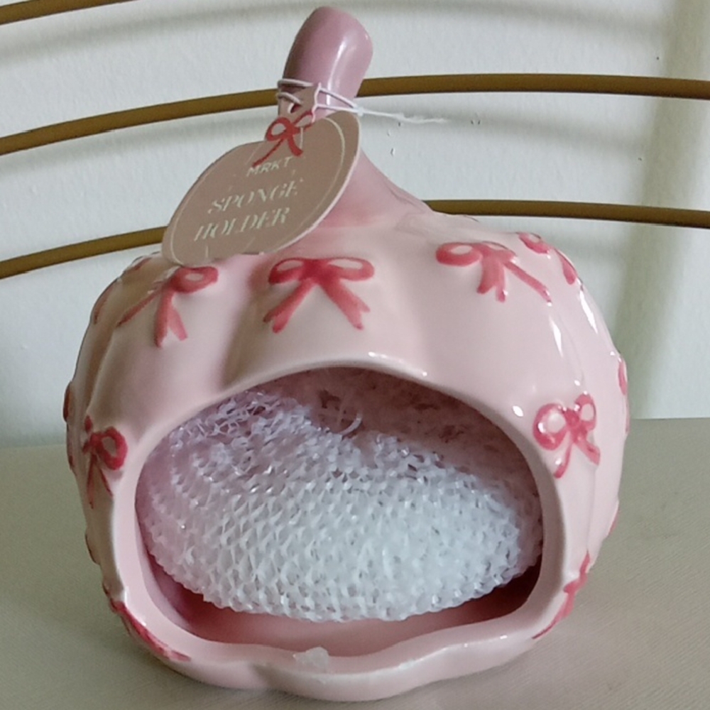 MRKT Pink Pumpkin Ceramic Sponge Holder with Bow Design